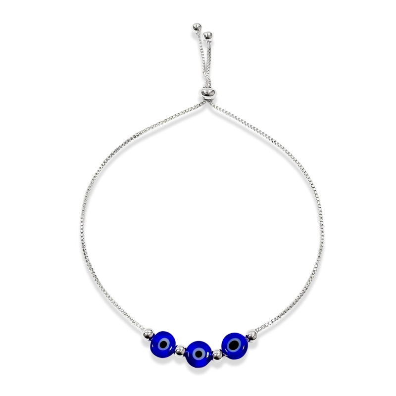 PULSERA 3 OJOS TURCOS AZUL BOLITAS PLATA FINA 925 ADAPTABLE - 1