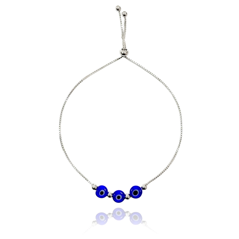 PULSERA 3 OJOS TURCOS AZUL BOLITAS PLATA FINA 925 ADAPTABLE - 2