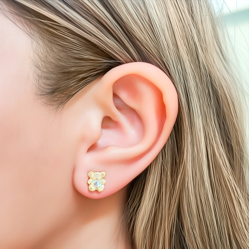 AROS BEBÉ NIÑA OSO CIRCÓN EN COLOR BLANCO ENCHAPADO ORO 18K - 3