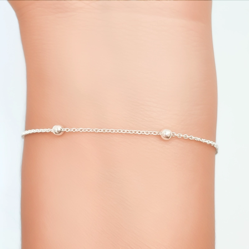 PULSERA 6 BOLITAS CADENA ESLABON PLATA FINA 925 - 3