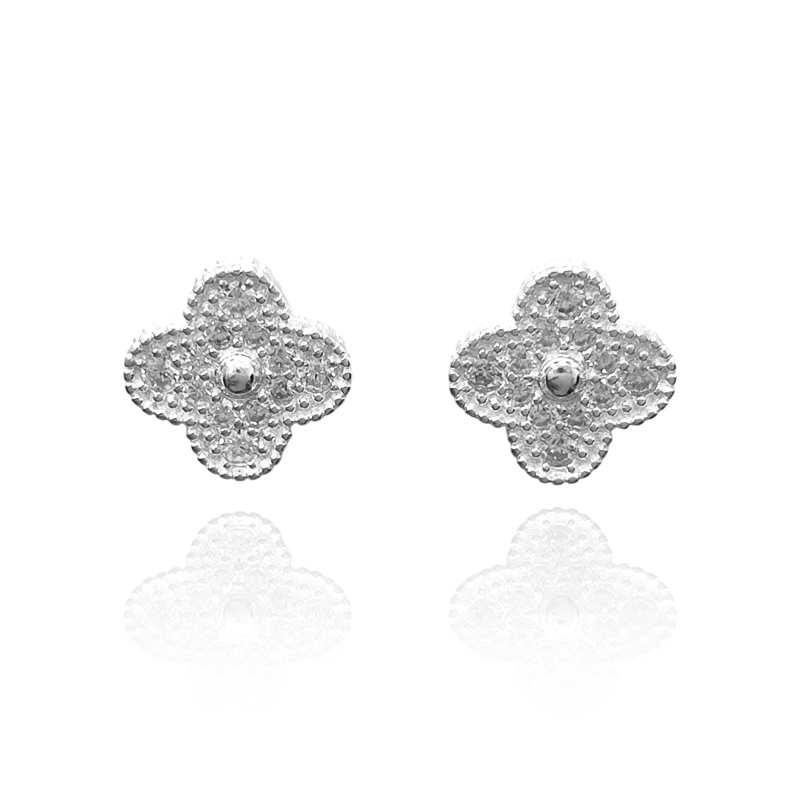 AROS TRÉBOL 4 HOJAS CIRCÓN EN COLOR BLANCO PLATA FINA 925 - 1