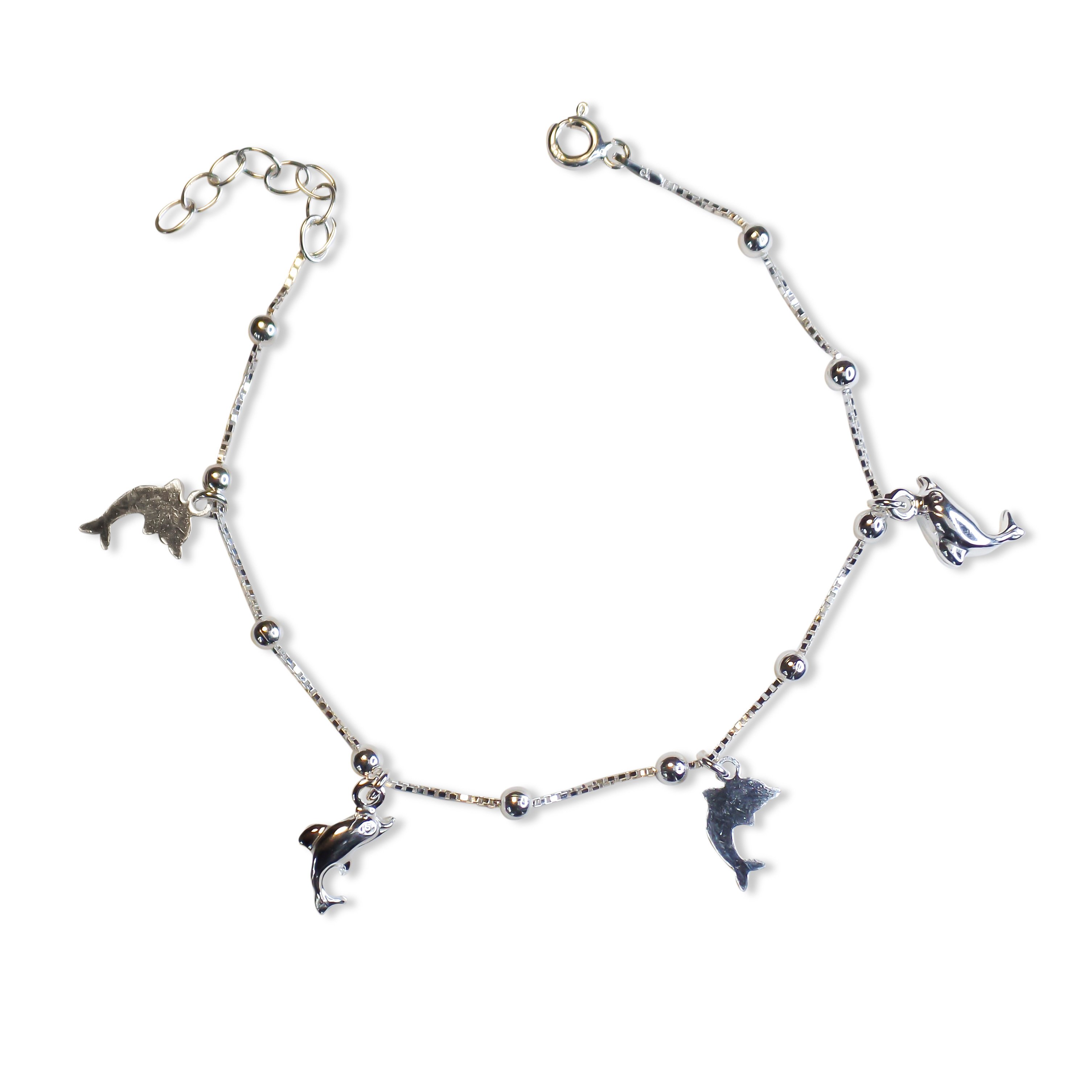 PULSERA DELFINES Y BOLITAS CADENA VENECIANA PLATA FINA 925 - 1
