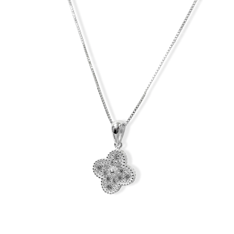 COLLAR TRÉBOL 4 HOJAS CIRCÓN EN COLOR BLANCO PLATA FINA 925 - 1