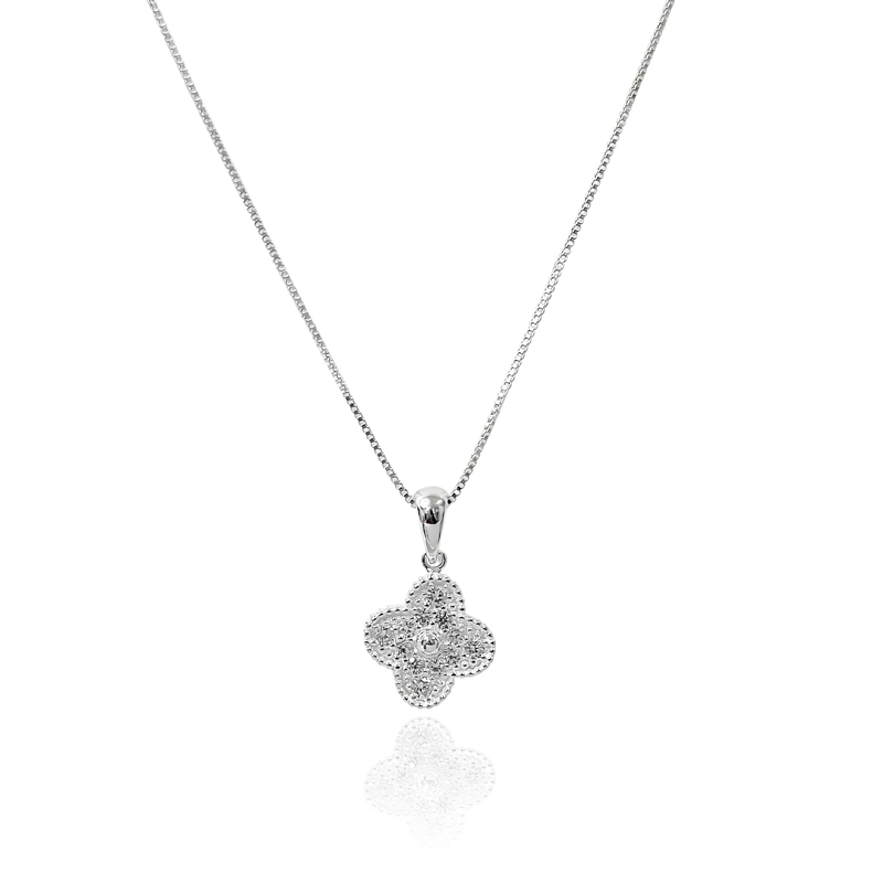 COLLAR TRÉBOL 4 HOJAS CIRCÓN EN COLOR BLANCO PLATA FINA 925 - 2