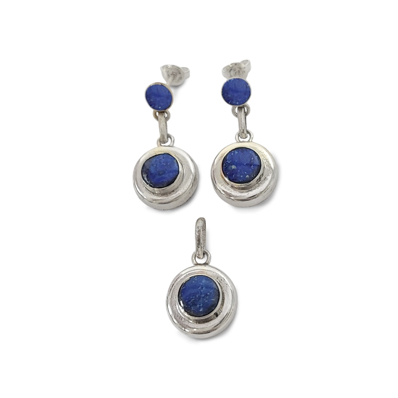 SET LAPISLAZULI CIRCULO AROS Y COLGANTE PLATA FINA 950 - 1