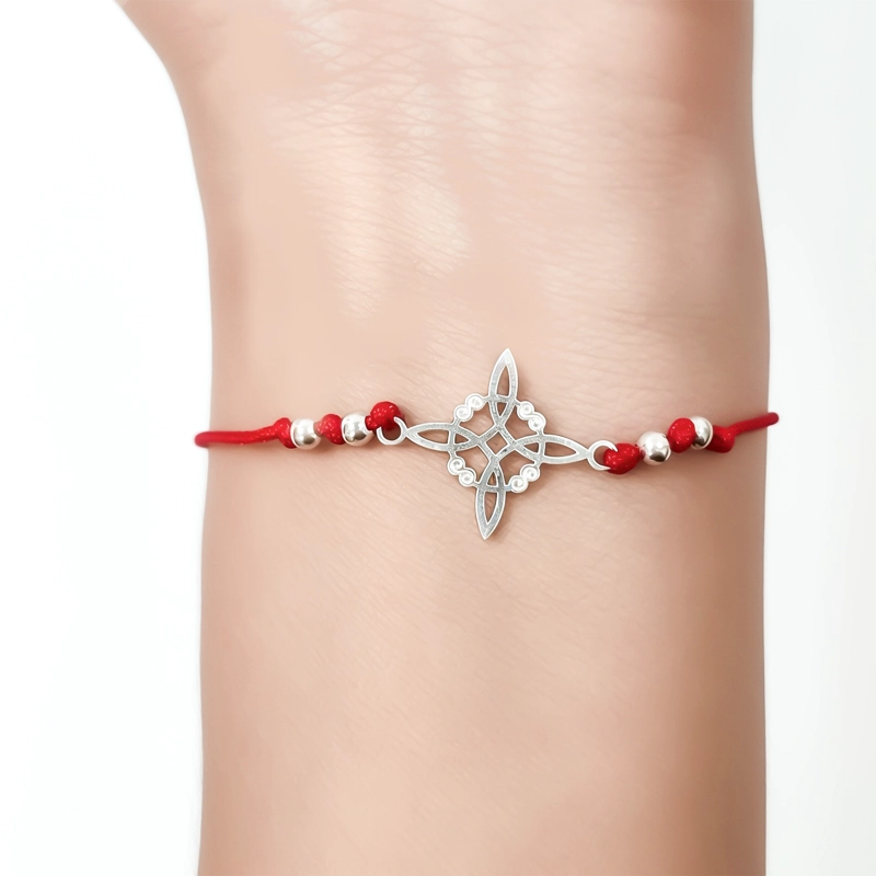 PULSERA NUDO DE BRUJA BOLITAS PLATA FINA 925 CORDÓN EN COLOR ROJO - 3