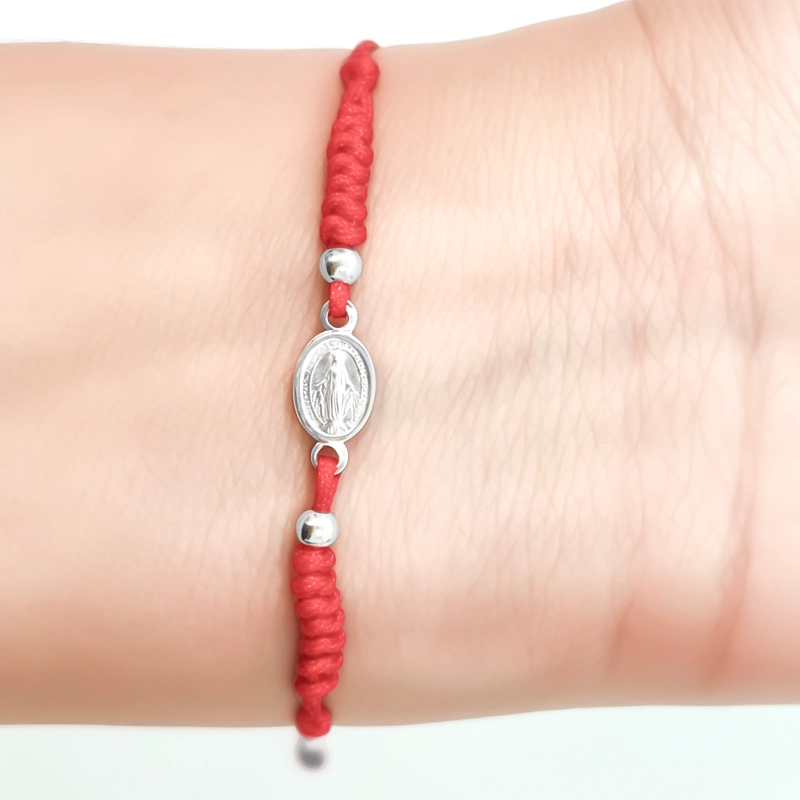 PULSERA MEDALLA VIRGEN DE LOS RAYOS PLATA FINA 925 CORDÓN EN COLOR ROJO - 2