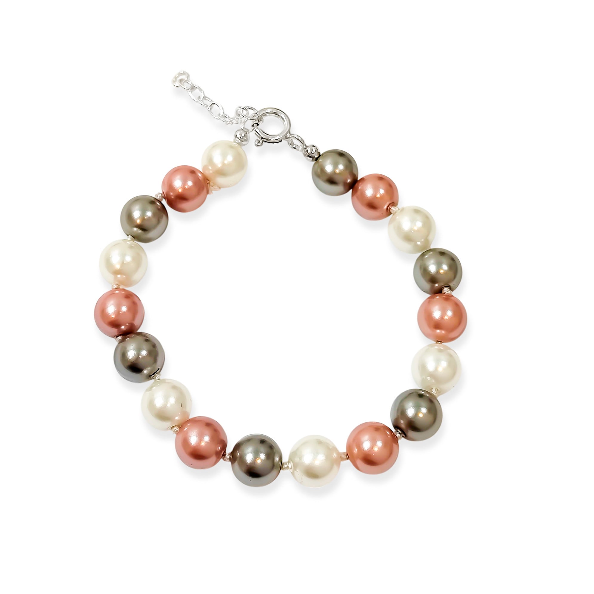 PULSERA PERLA SHELLPEARL GRIS BLANCO ROSADO 8MM PLATA FINA 925 - 1