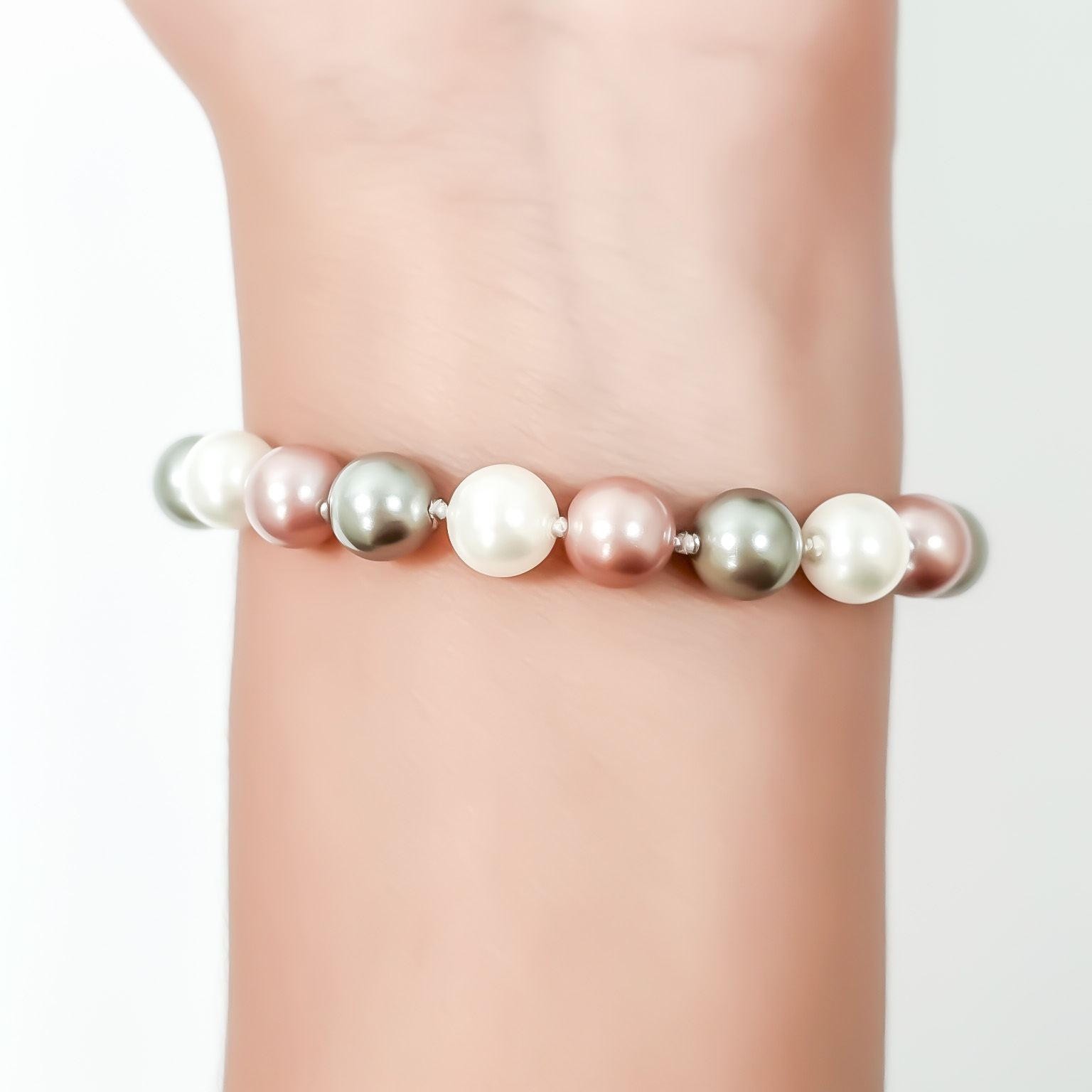PULSERA PERLA SHELLPEARL GRIS BLANCO ROSADO 8MM PLATA FINA 925 - 3