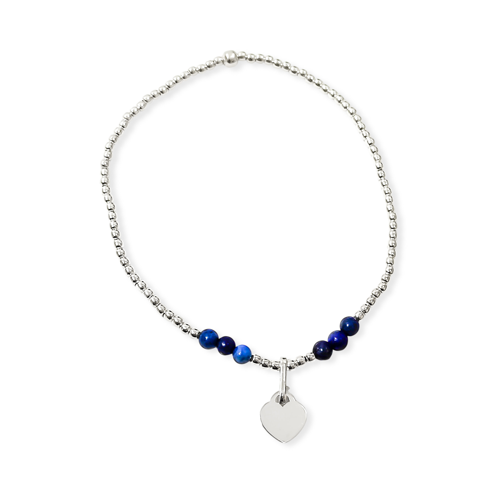 PULSERA LAPISLAZULI CORAZON BOLITAS PLATA FINA 925 ELASTICADA - 1