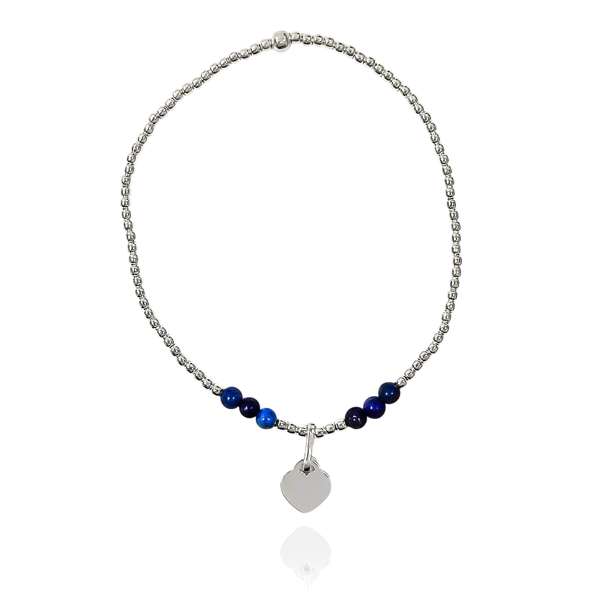 PULSERA LAPISLAZULI CORAZON BOLITAS PLATA FINA 925 ELASTICADA - 2