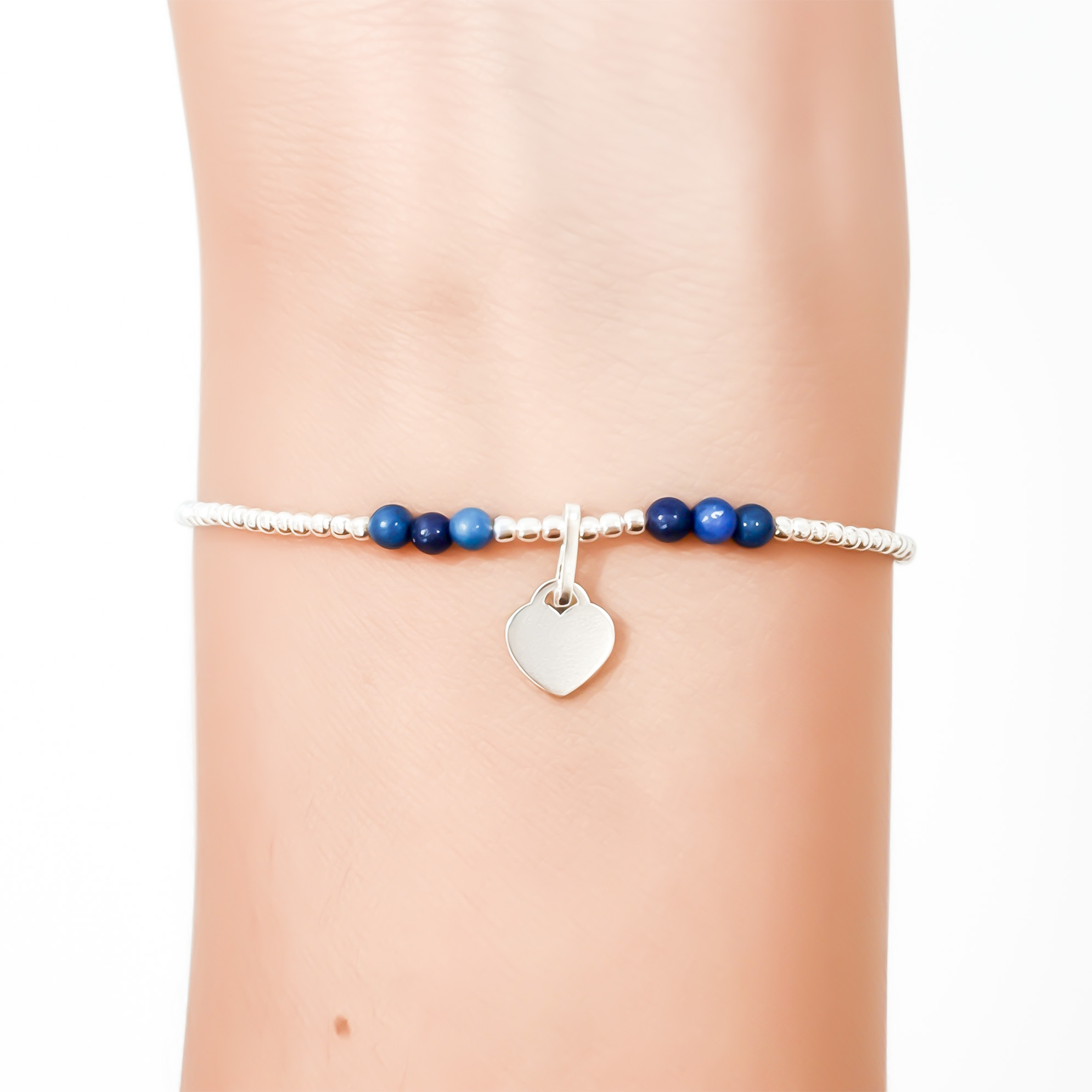 PULSERA LAPISLAZULI CORAZON BOLITAS PLATA FINA 925 ELASTICADA - 3