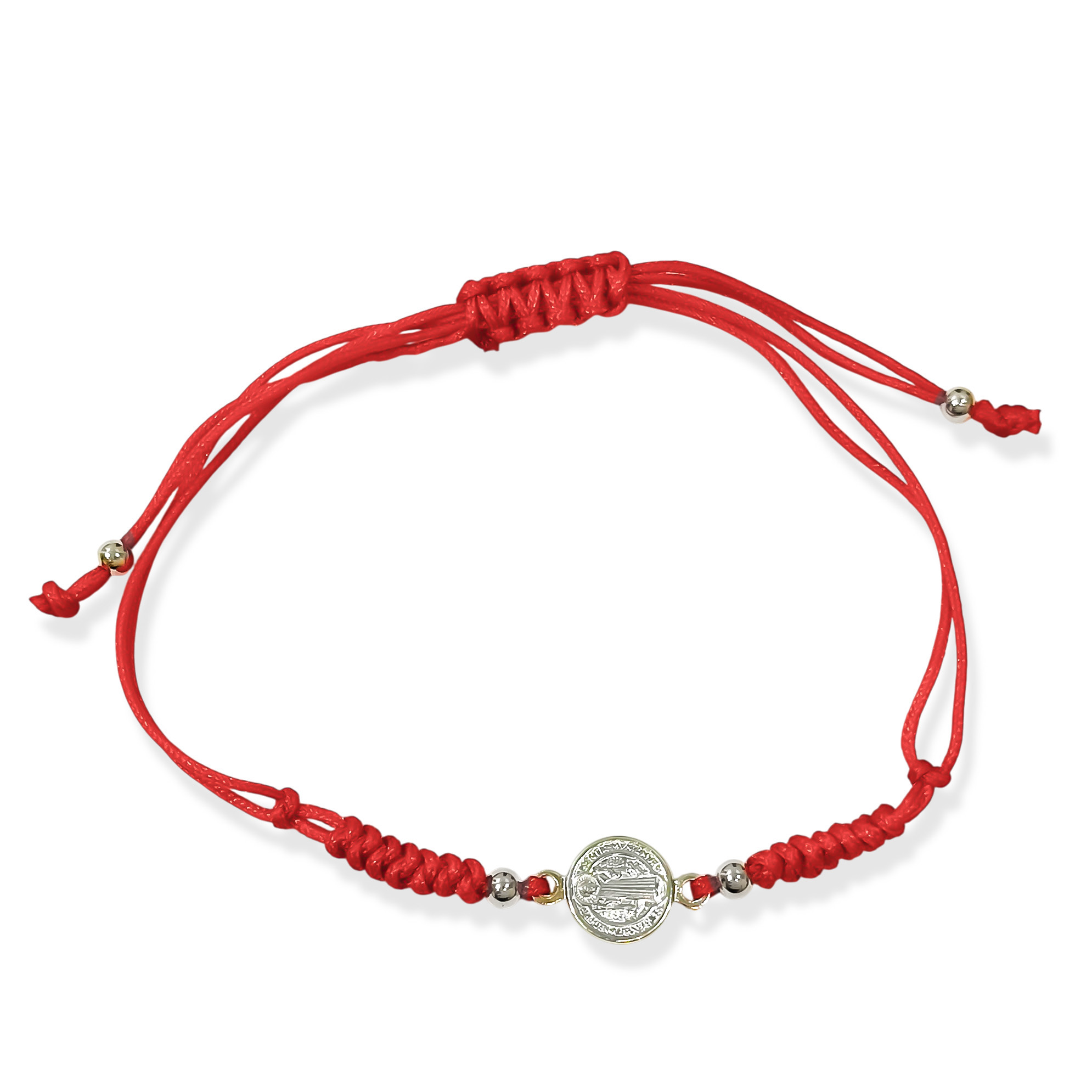 PULSERA MEDALLA SAN BENITO PLATA FINA 925 CORDON ROJO TEJIDO - 1