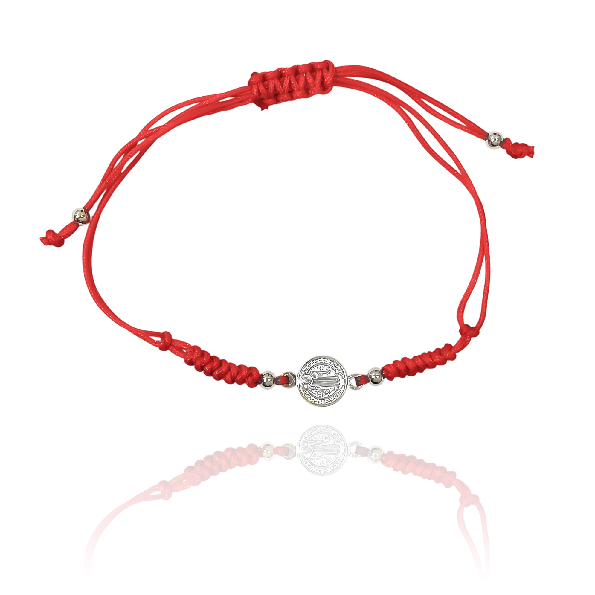PULSERA MEDALLA SAN BENITO PLATA FINA 925 CORDON ROJO TEJIDO - 2