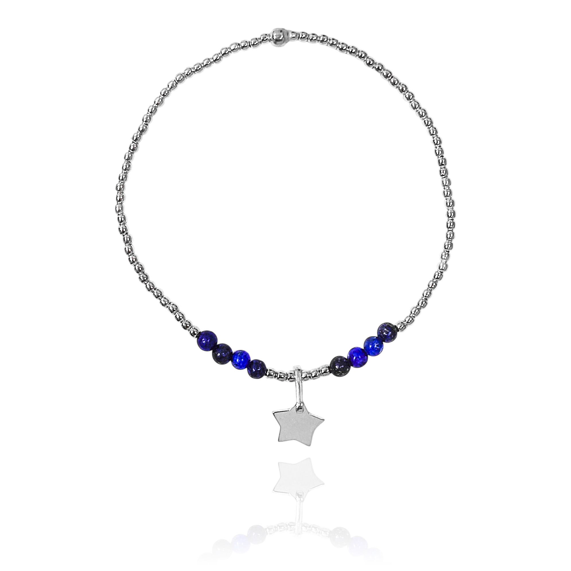 PULSERA LAPISLAZULI ESTRELLA BOLITAS PLATA FINA 925 ELASTICADA - 1