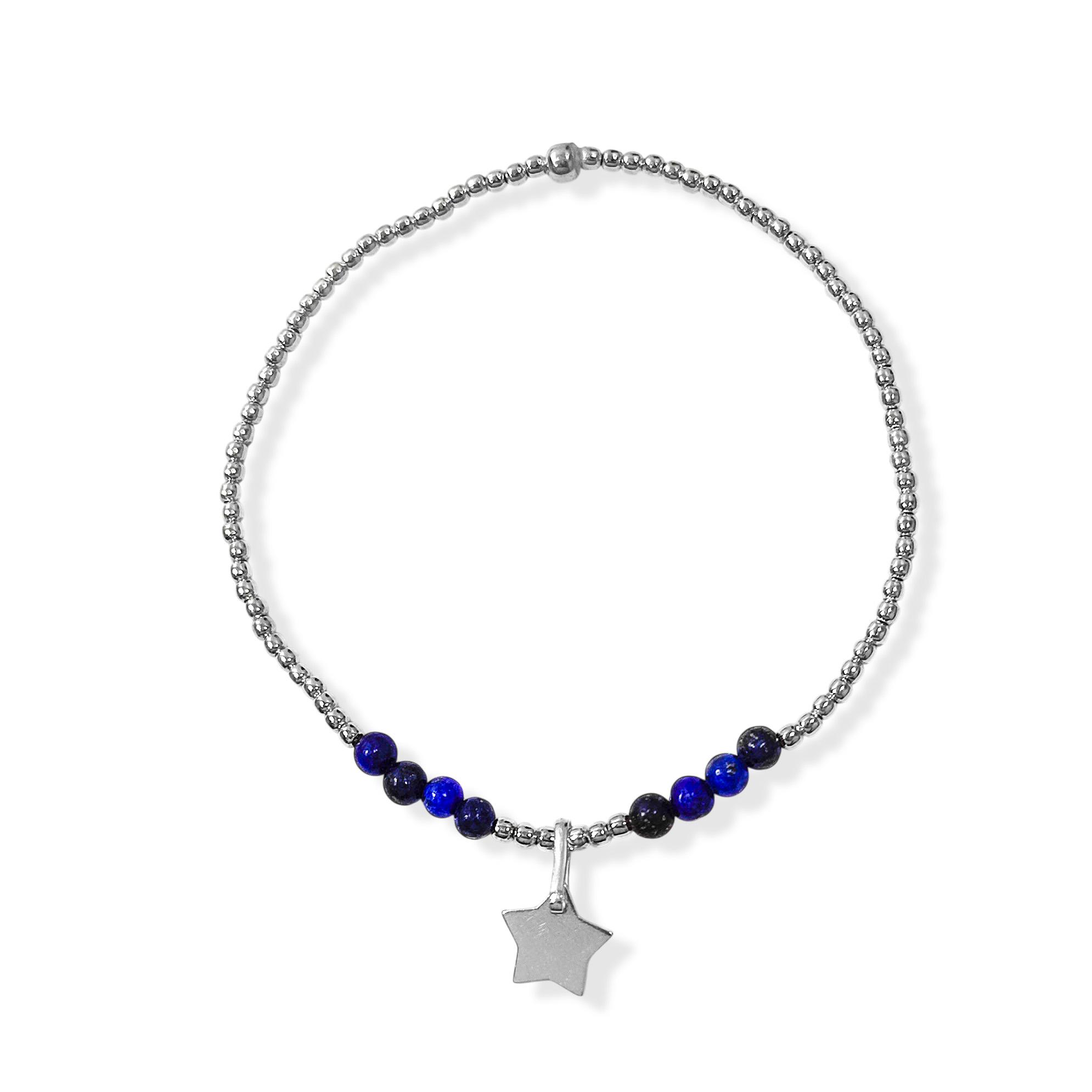 PULSERA LAPISLAZULI ESTRELLA BOLITAS PLATA FINA 925 ELASTICADA - 2