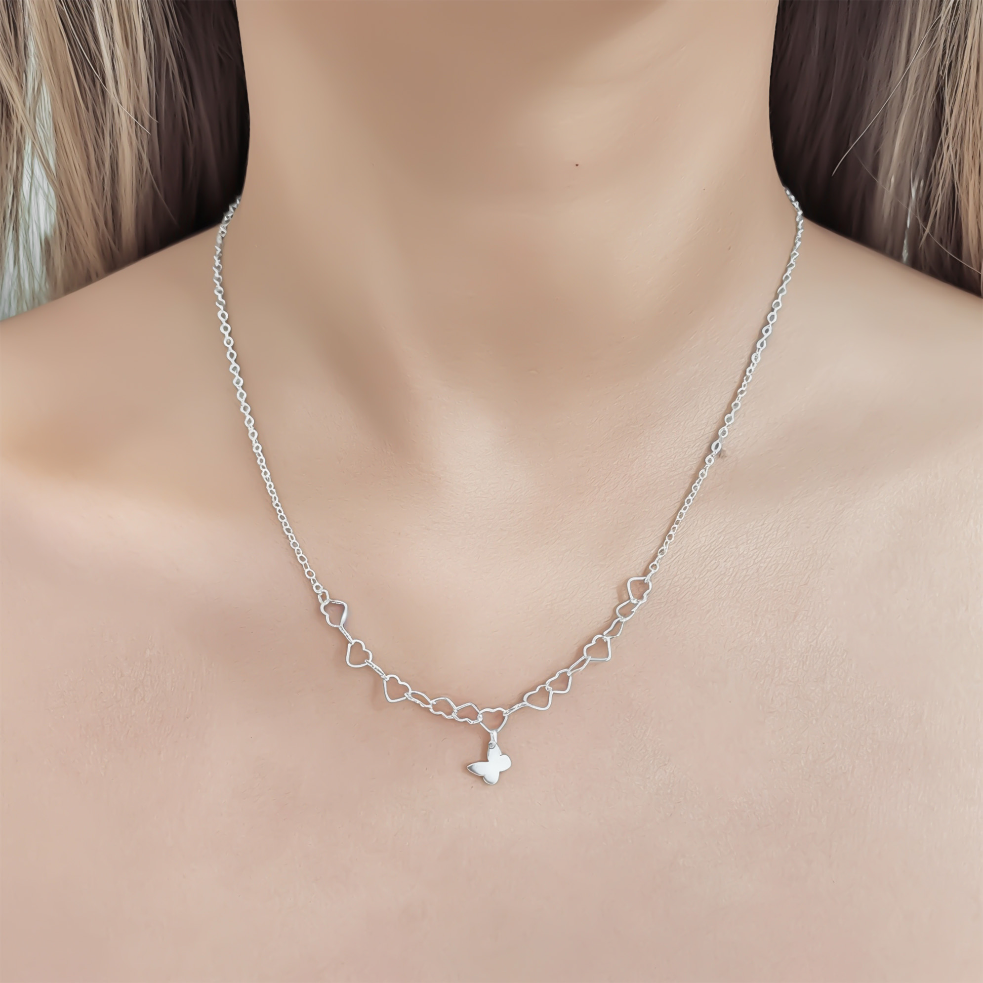 COLLAR CORAZONES MARIPOSA PLATA FINA 925 - 3