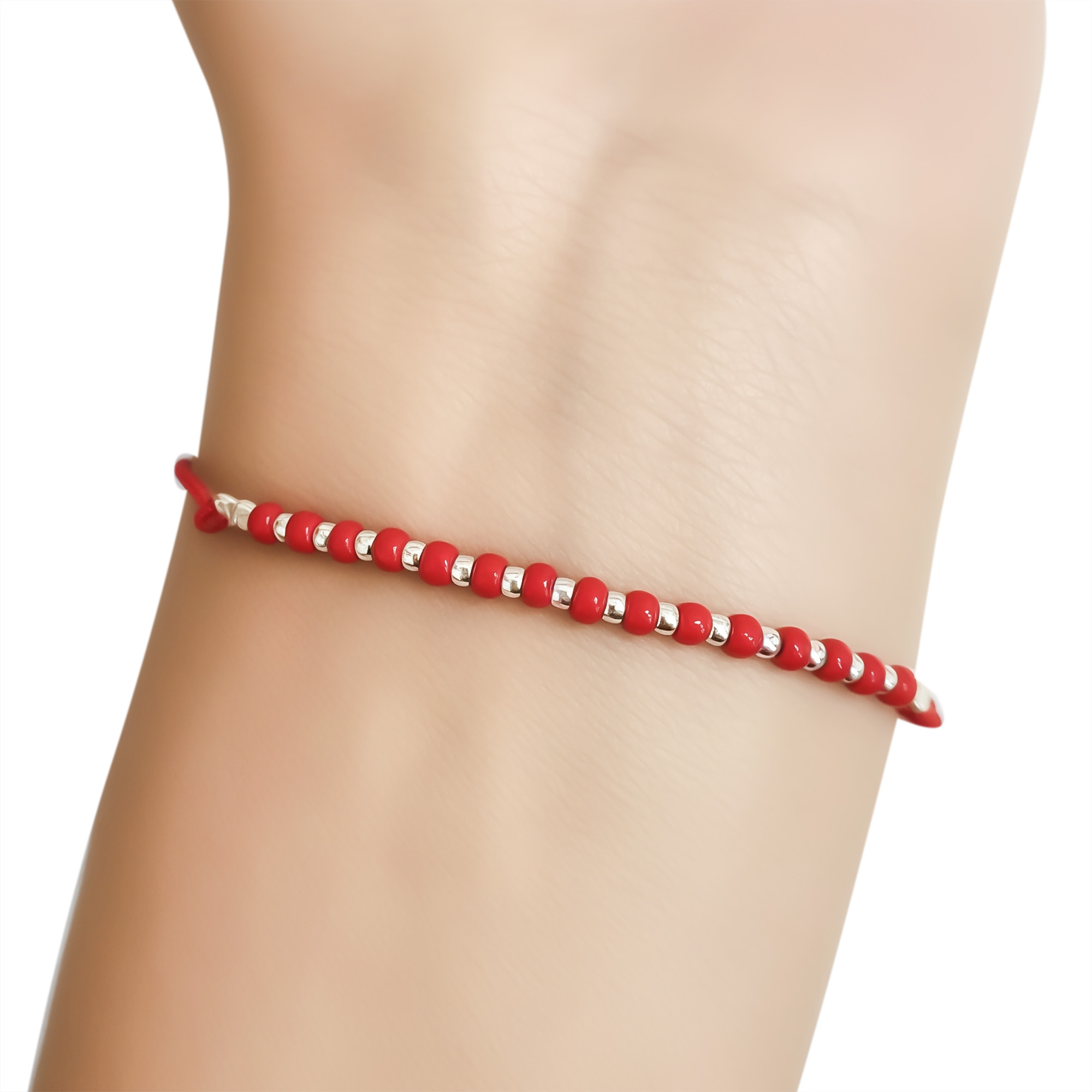 PULSERA MIYUKI ROCAILLES ROJA BOLA PLATA FINA 925 CORDON ROJO - 2