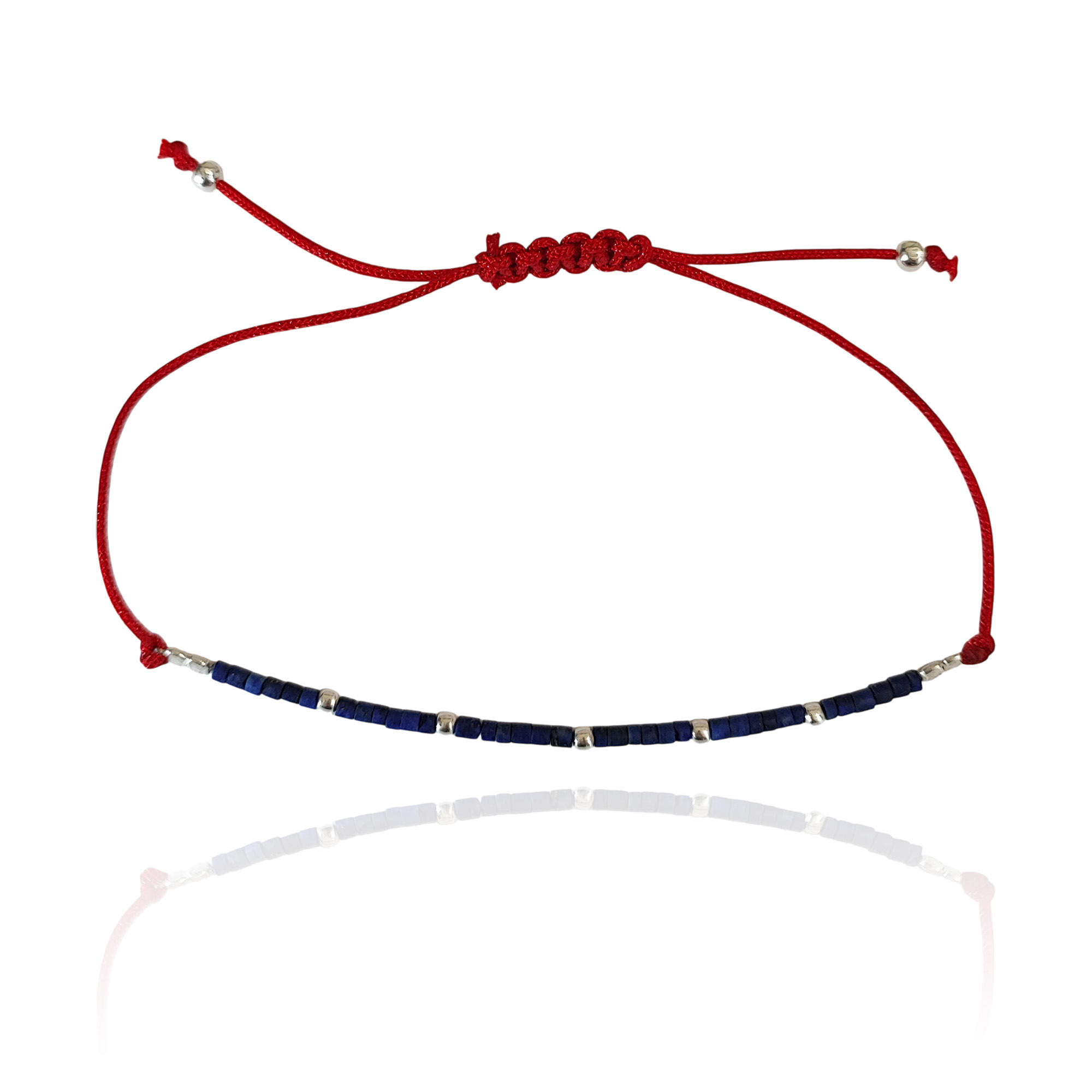 PULSERA MOSTACILLA LAPISLAZULI BOLAS PLATA FINA 925 CORDON ROJO - 1