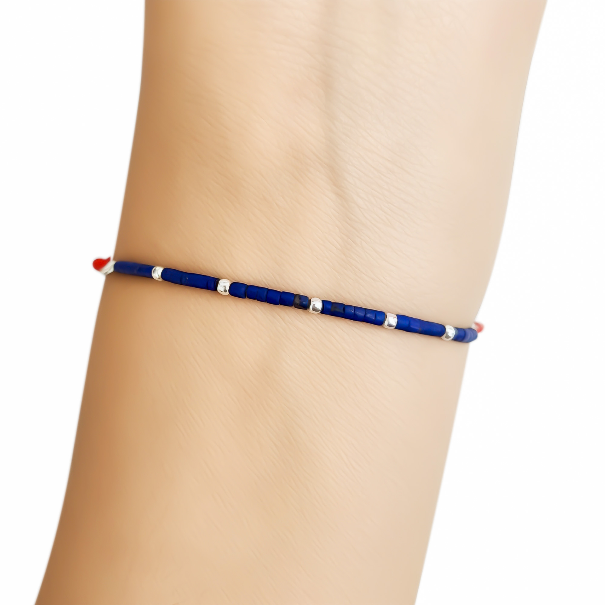 PULSERA MOSTACILLA LAPISLAZULI BOLAS PLATA FINA 925 CORDON ROJO - 2