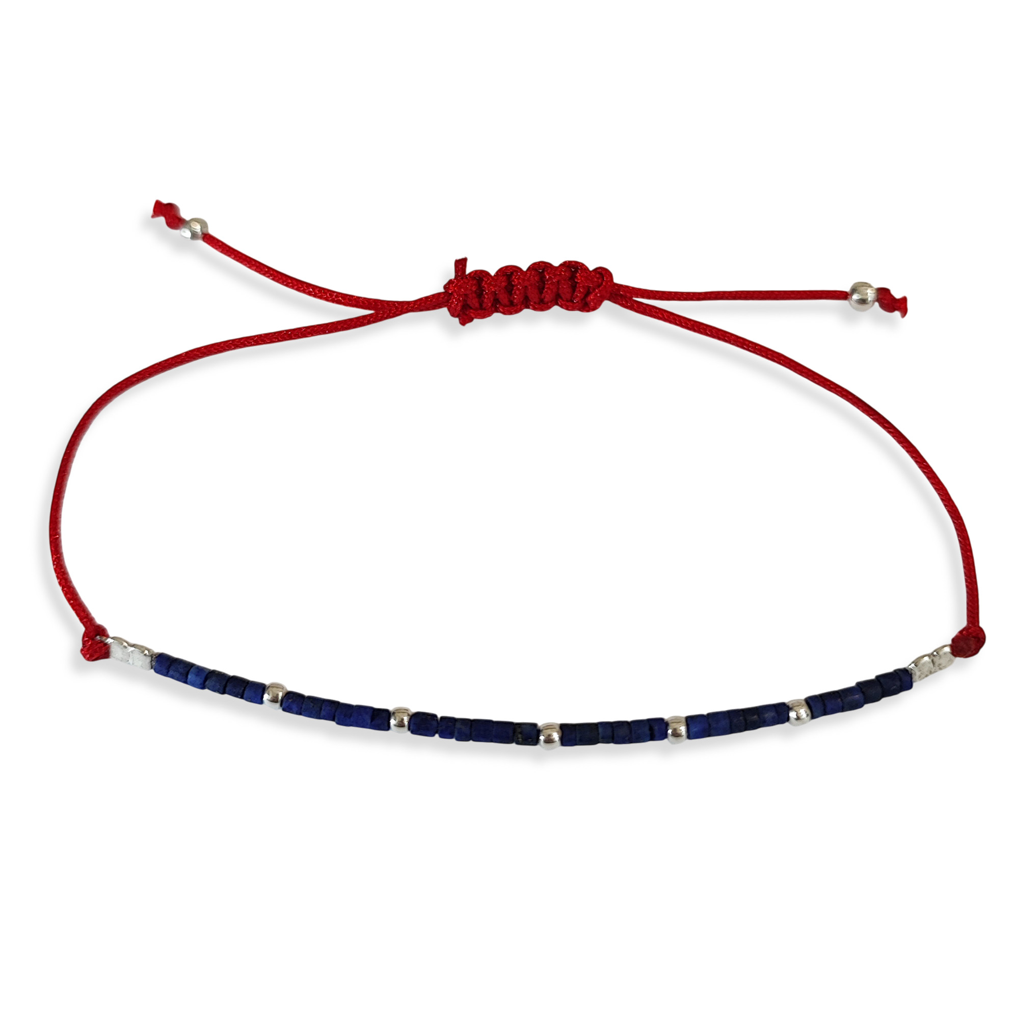 PULSERA MOSTACILLA LAPISLAZULI BOLAS PLATA FINA 925 CORDON ROJO - 3