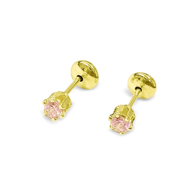 AROS BEBE  SOLITARIO CIRCON ROSADO 4MM ENCHAPADO ORO 18K - 1
