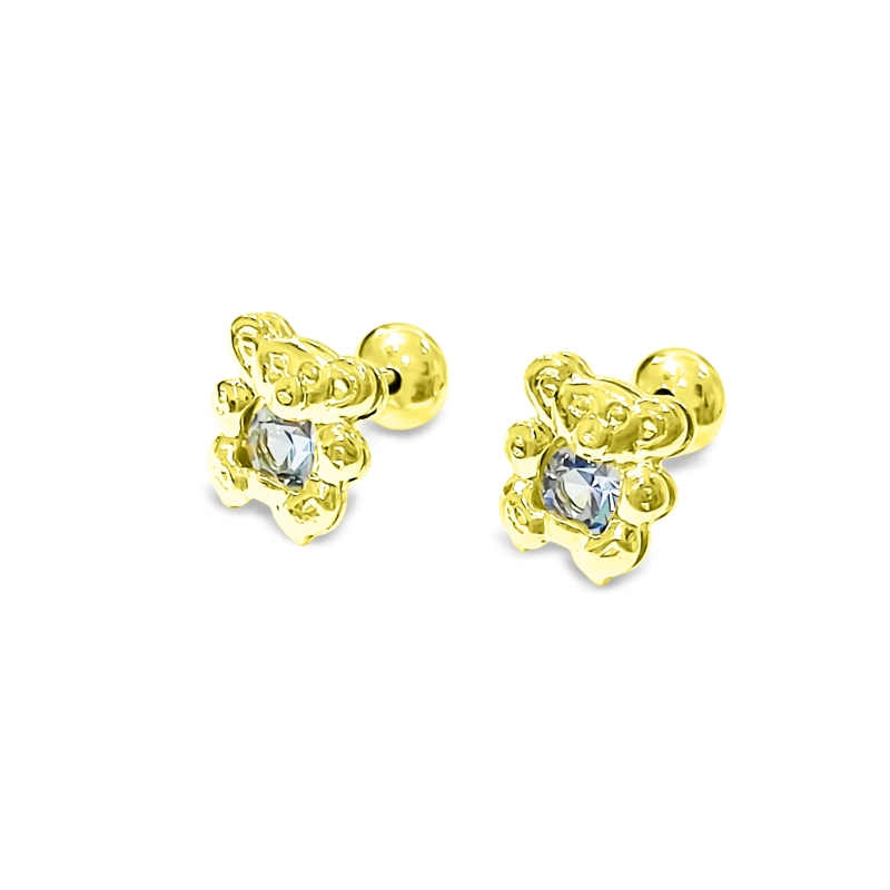 AROS BEBE  NIÑA OSO CIRCON CELESTE ENCHAPADO ORO 18K - 1