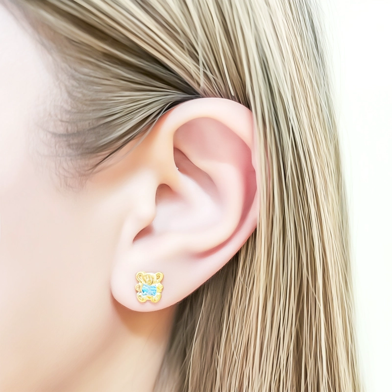AROS BEBE  NIÑA OSO CIRCON CELESTE ENCHAPADO ORO 18K - 2