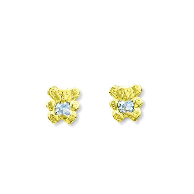 AROS BEBE  NIÑA OSO CIRCON CELESTE ENCHAPADO ORO 18K - 3
