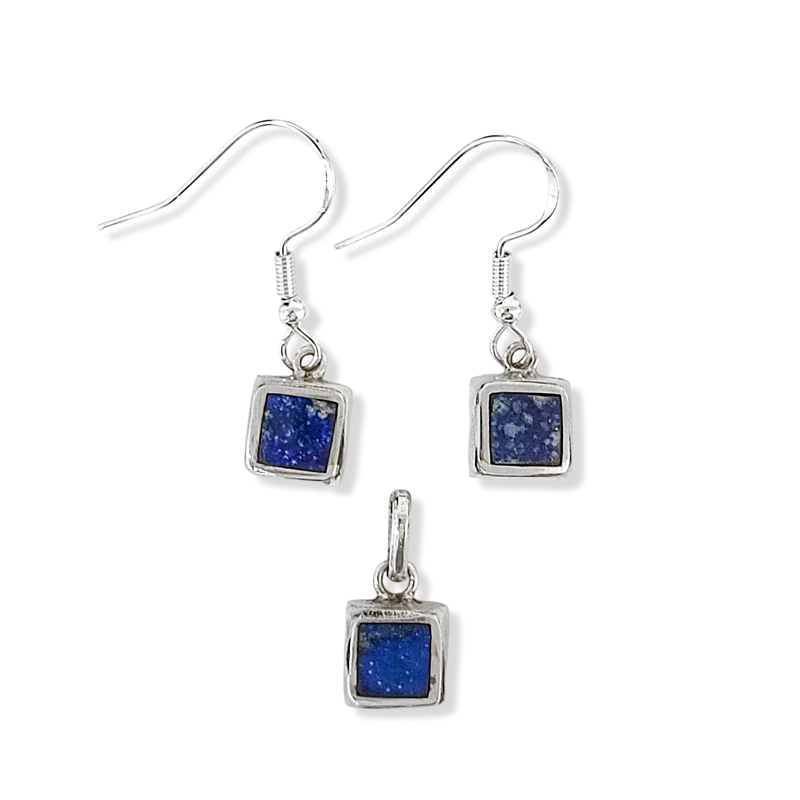 SET LAPISLAZULI AROS COLGANTE CUADRADO GANCHO PLATA FINA 950 - 1