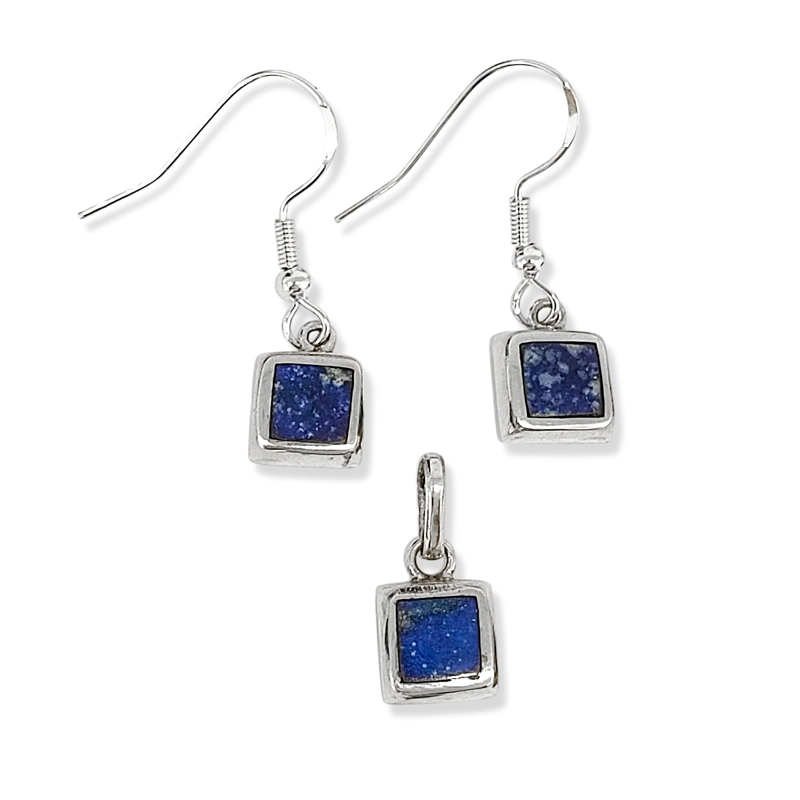 SET LAPISLAZULI AROS COLGANTE CUADRADO GANCHO PLATA FINA 950 - 3