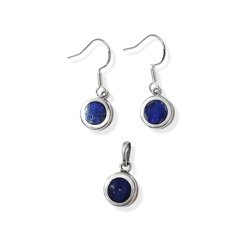 SET LAPISLAZULI AROS COLGANTE REDONDO GANCHO PLATA FINA 950 - 3