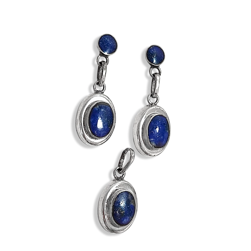 SET LAPISLAZULI AROS COLGANTE DOBLE BISEL OVALADO PLATA FINA 950 - 1
