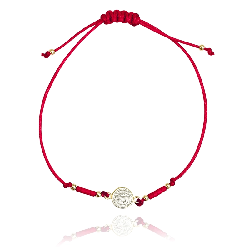PULSERA MEDALLA SAN BENITO PLATA FINA 925 MOSTACILLA CORDON ROJO - 1