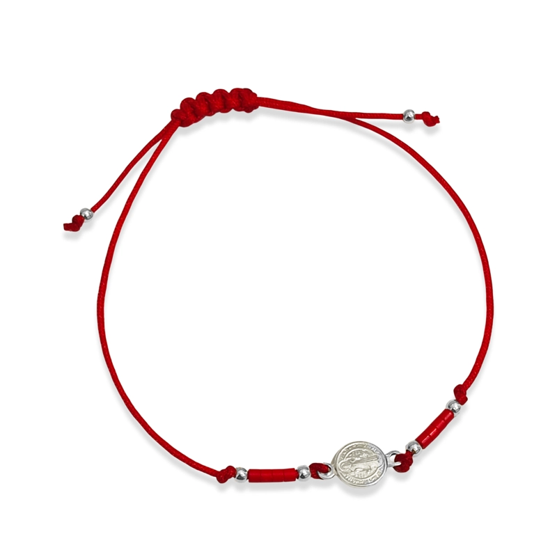 PULSERA MEDALLA SAN BENITO PLATA FINA 925 MOSTACILLA CORDON ROJO - 3