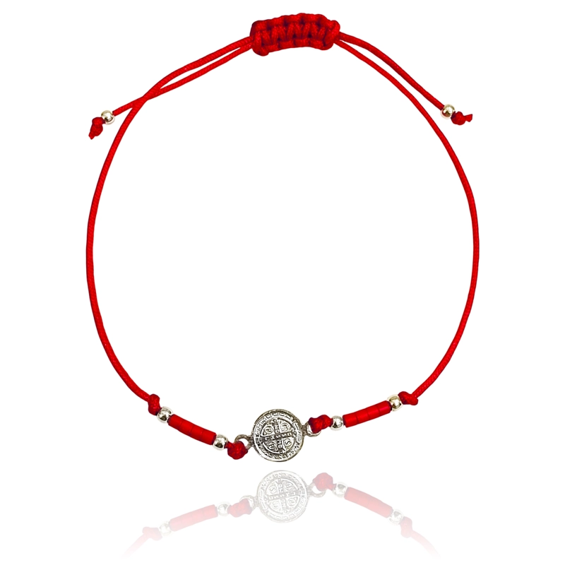 PULSERA MEDALLA SAN BENITO PLATA FINA 925 MOSTACILLA CORDON ROJO - 4