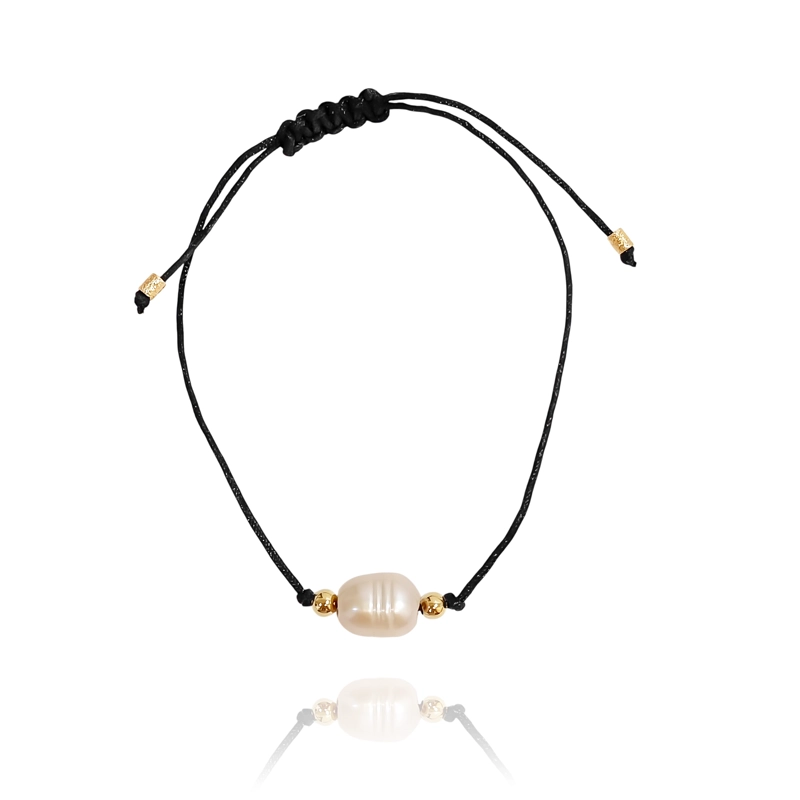 PULSERA PERLA DE RIO CORDON NEGRO BOLITA ENCHAPADO ORO 18K - 1