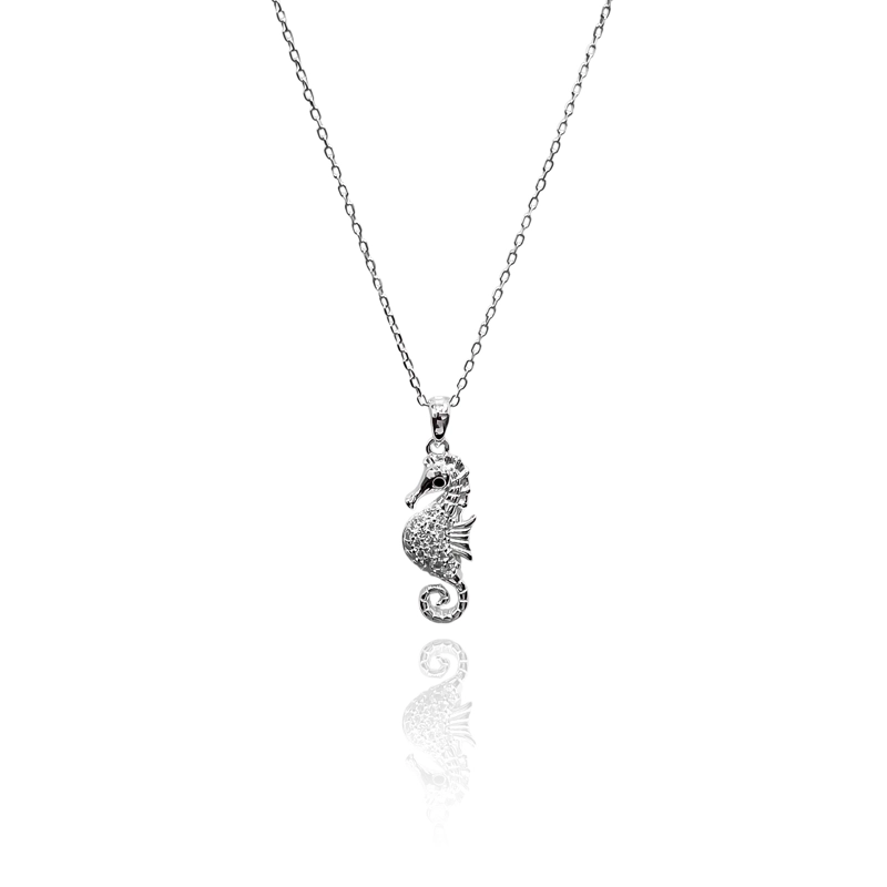 COLLAR CABALLO DE MAR CIRCON ESLABON LIMADO PLATA FINA 925 - 1