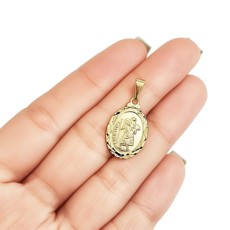 COLGANTE MEDALLA SAN CRISTOBAL OVALADO BORDE ENCHAPADO ORO 18K - 2