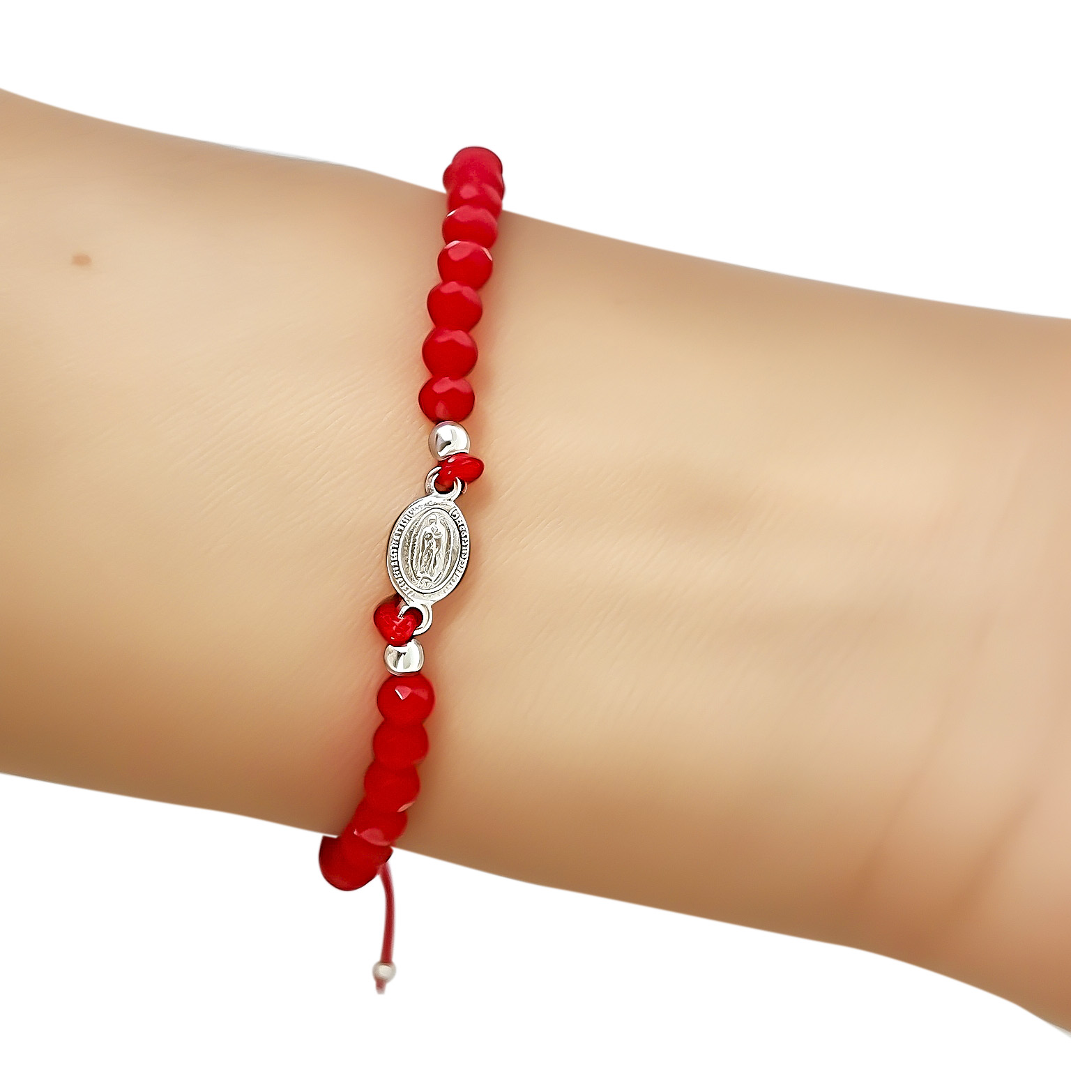 PULSERA MEDALLA VIRGEN DE GUADALUPE PLATA FINA 925 CRISTAL CORDON ROJO - 3
