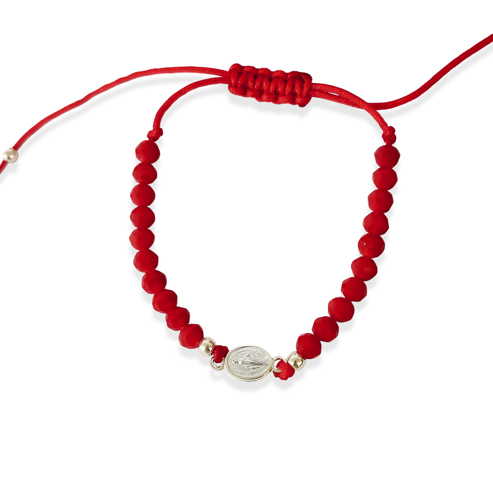 PULSERA MEDALLA VIRGEN DE LOS RAYOS  PLATA FINA 925 CRISTAL CORDON ROJO - 1