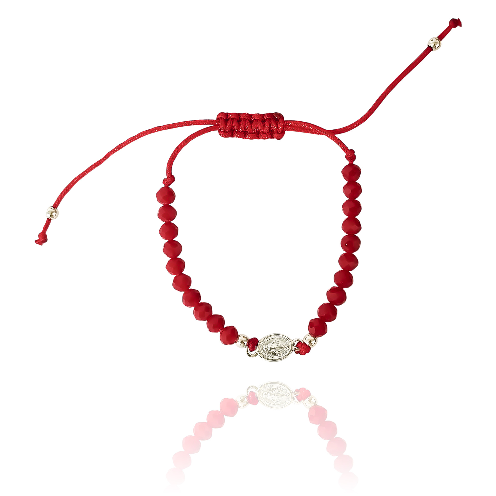 PULSERA MEDALLA VIRGEN DE LOS RAYOS  PLATA FINA 925 CRISTAL CORDON ROJO - 2