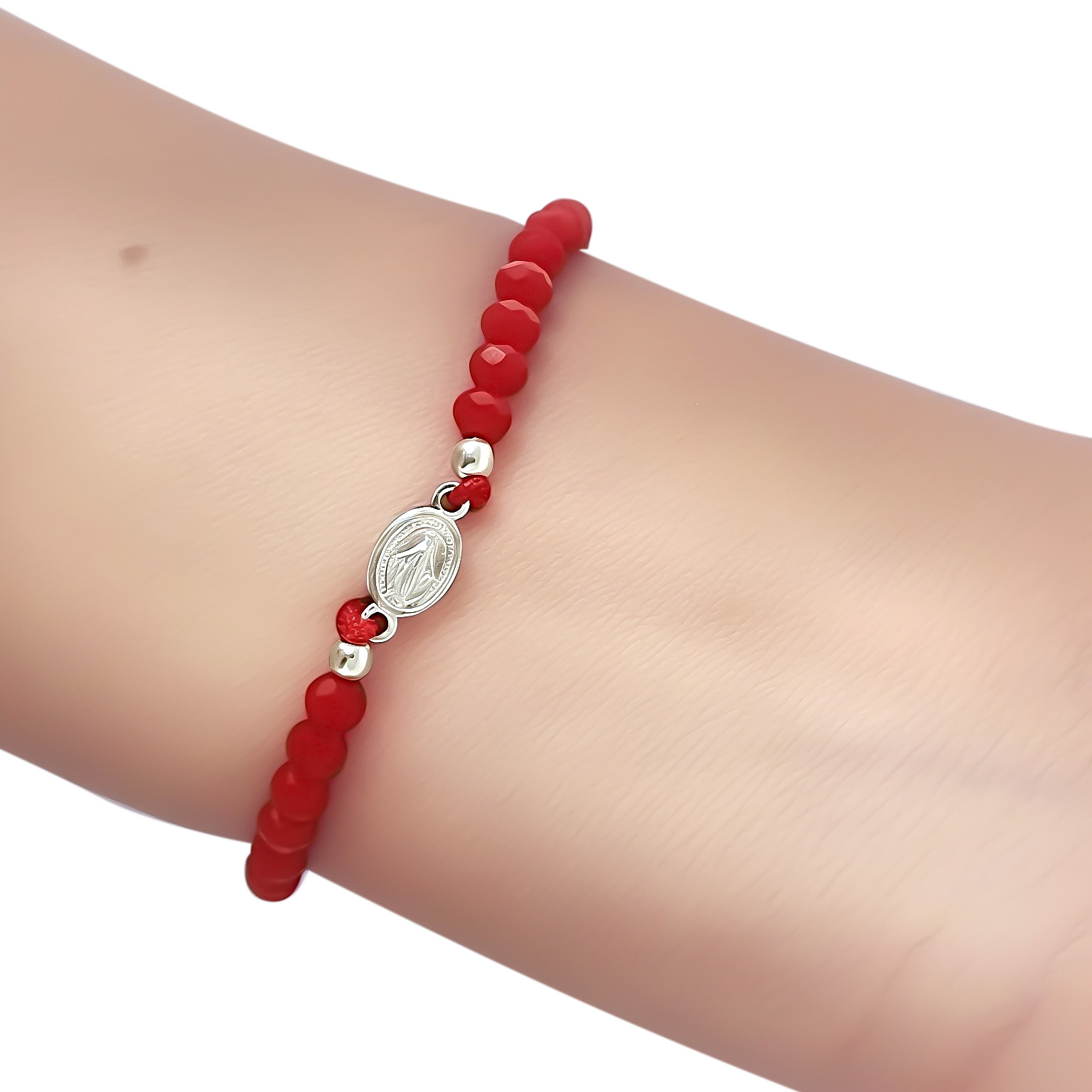 PULSERA MEDALLA VIRGEN DE LOS RAYOS  PLATA FINA 925 CRISTAL CORDON ROJO - 3