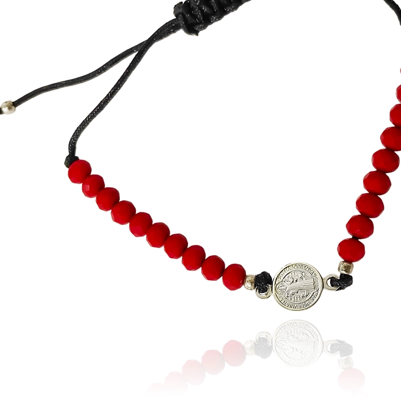 PULSERA MEDALLA SAN BENITO PLATA FINA 925 CRISTAL CORDON NEGRO - 1