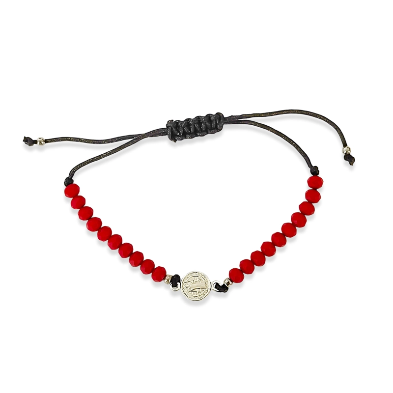 PULSERA MEDALLA SAN BENITO PLATA FINA 925 CRISTAL CORDON NEGRO - 2