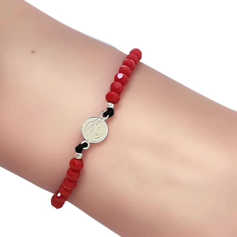 PULSERA MEDALLA SAN BENITO PLATA FINA 925 CRISTAL CORDON NEGRO - 3
