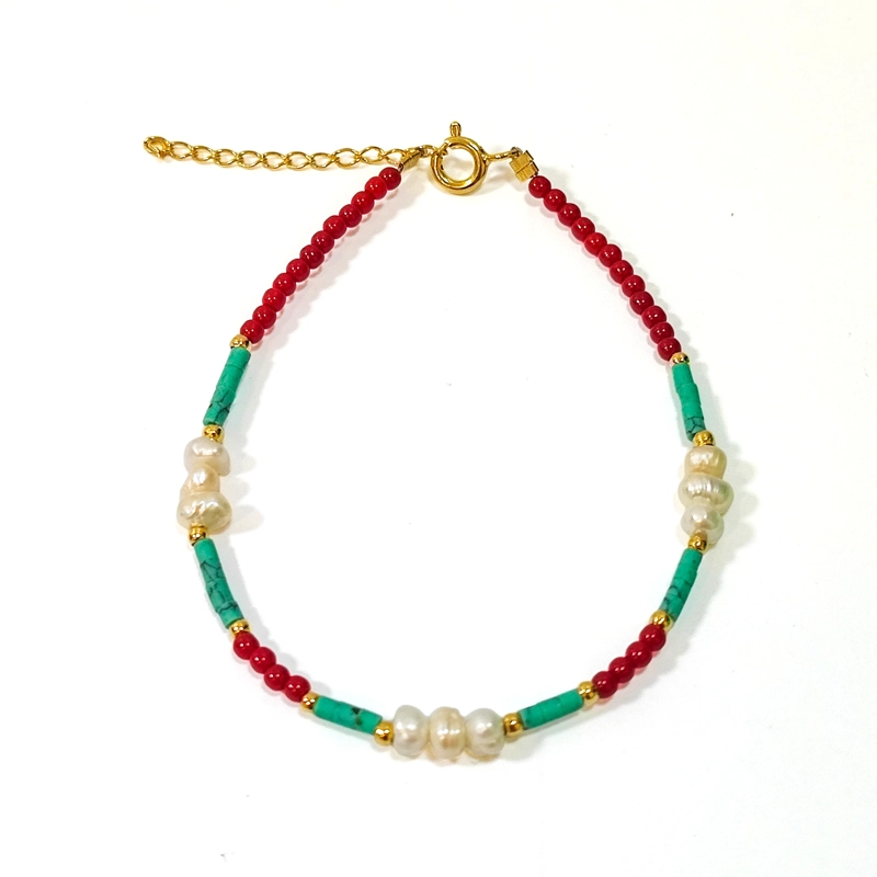 PULSERA MIX TURQUESA PERLA CRISTAL ROJO ENCHAPADO ORO 18K - 1
