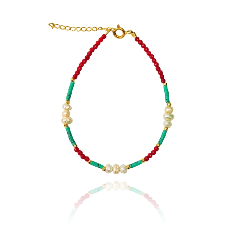 PULSERA MIX TURQUESA PERLA CRISTAL ROJO ENCHAPADO ORO 18K - 2