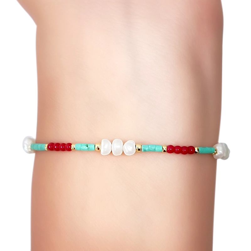 PULSERA MIX TURQUESA PERLA CRISTAL ROJO ENCHAPADO ORO 18K - 3