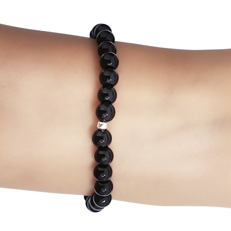 PULSERA ONIX 6MM BOLITA PLATA FINA 925 ELASTICADA - 3